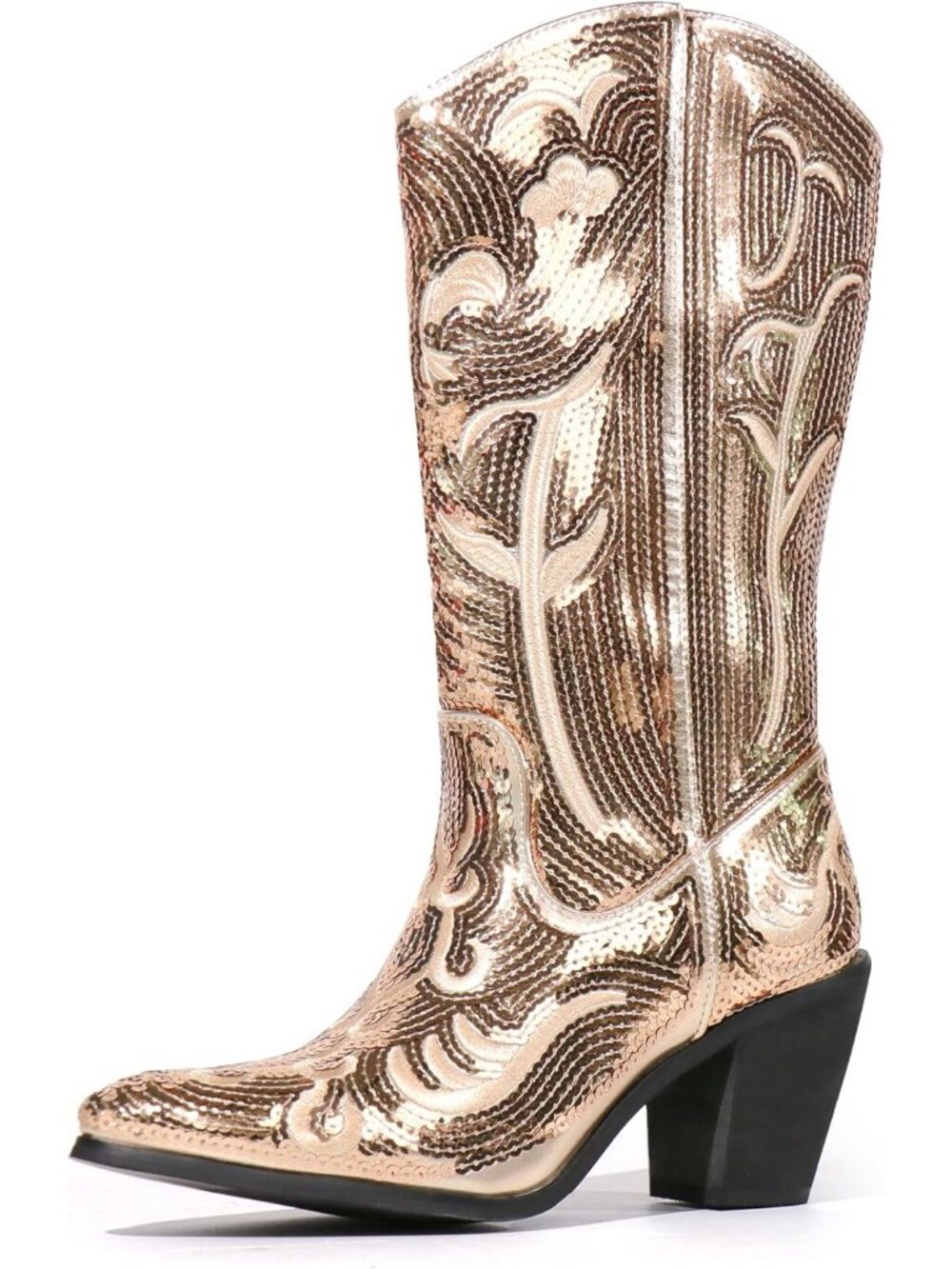Women's Gold Sequin Western Mid Calf Zipper Pointed Toe Fashion Cowgirl Boots